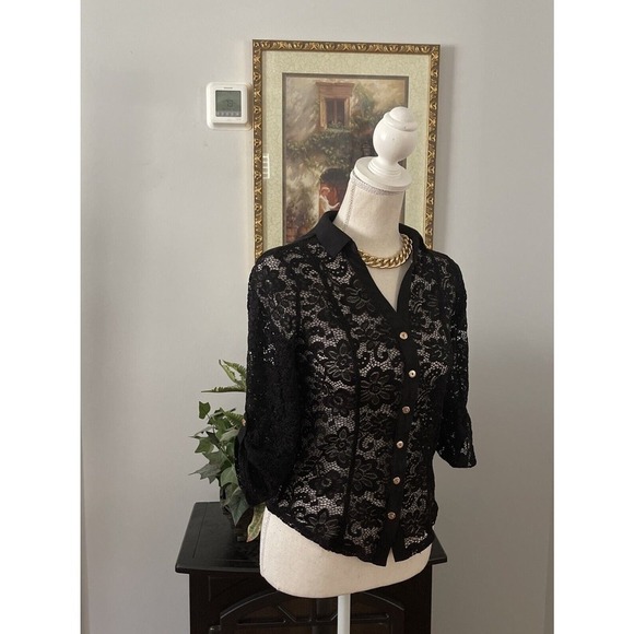 Women SM d.n.a. Couture Blouse 3/4 Tab Roll Sleeves Black Lace Open Front Button - Picture 5 of 8